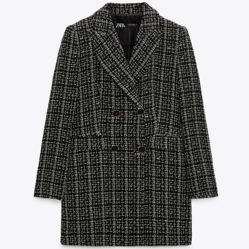 ZARA WOMAN NWT DOUBLE BREASTED TEXTURED WEAVE JACKET BLACK / ECRU